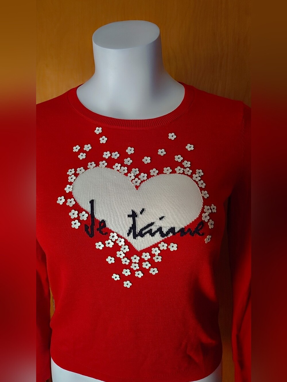 🖤NWOT Talbots Red 'Je t'aime' Floral Heart Sweater Size L - Cotton/Rayon🖤 - Picture 4 of 8